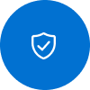 Blue circular icon with a shield and checkmark representing trust and protection